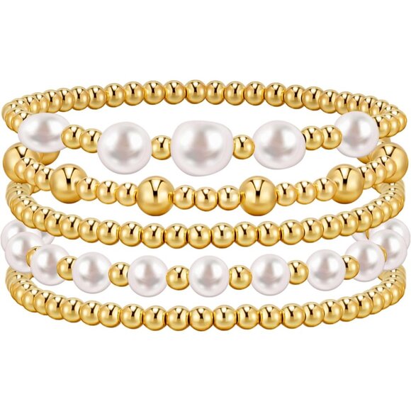 Jewelry - Gold Bracelets for Women Beaded Bracelet 14K Gold Plated Bracelet Stack Strand S